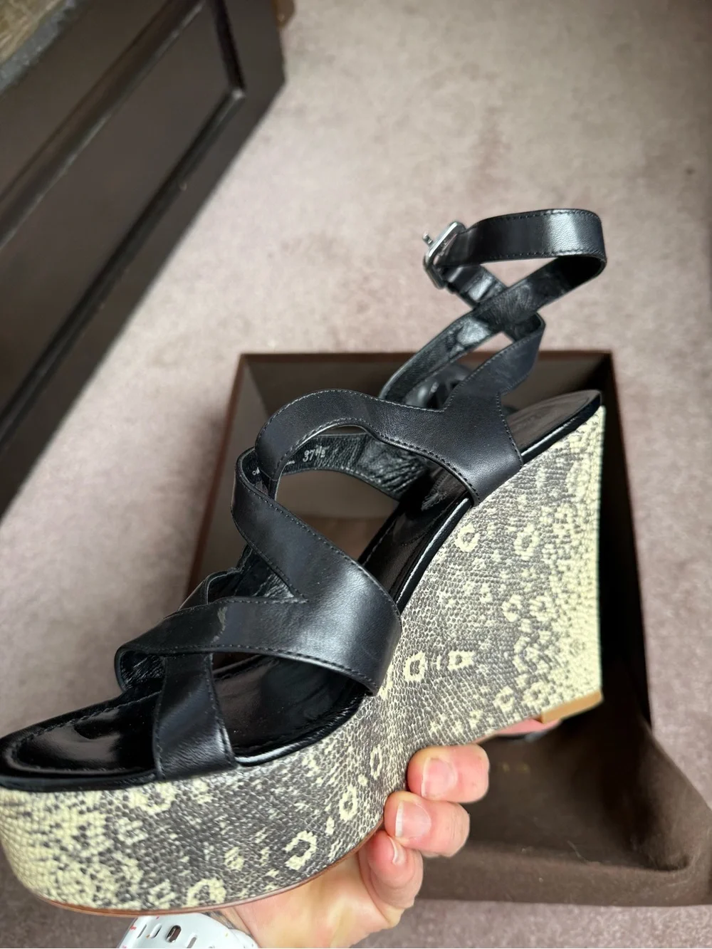 Elie Tahari Black Leather Strappy Wedge Sandals with Cream Textured Heel
